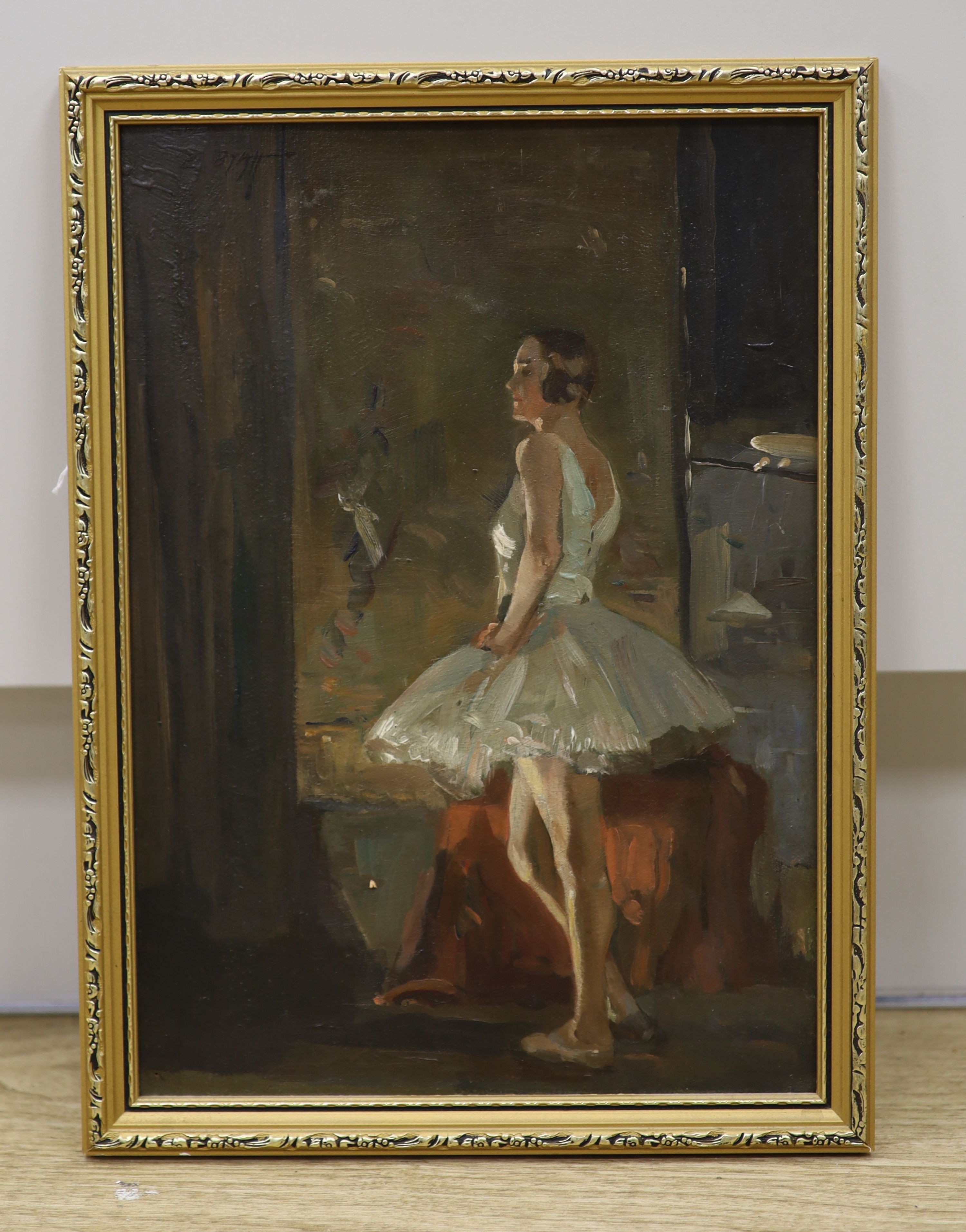S. Byatt, oil on board, The Dancer, signed, with label verso, 34 x 24cm
